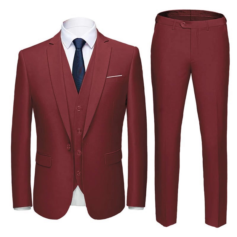 YFFUSHI Men's 3 Piece Suit Sets Slim Fit One Button Blazer with Vest & Pants, Professional Business Wedding Suits Red Wine - Image 2